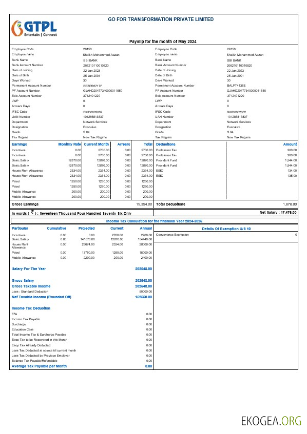 Modèle de fiche de paie Go For Transformation aux formats Word et PDF